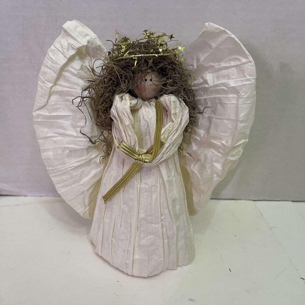 Folk Art Christmas Angel Paper Craft Wooden Head Foam Body 8” Tall